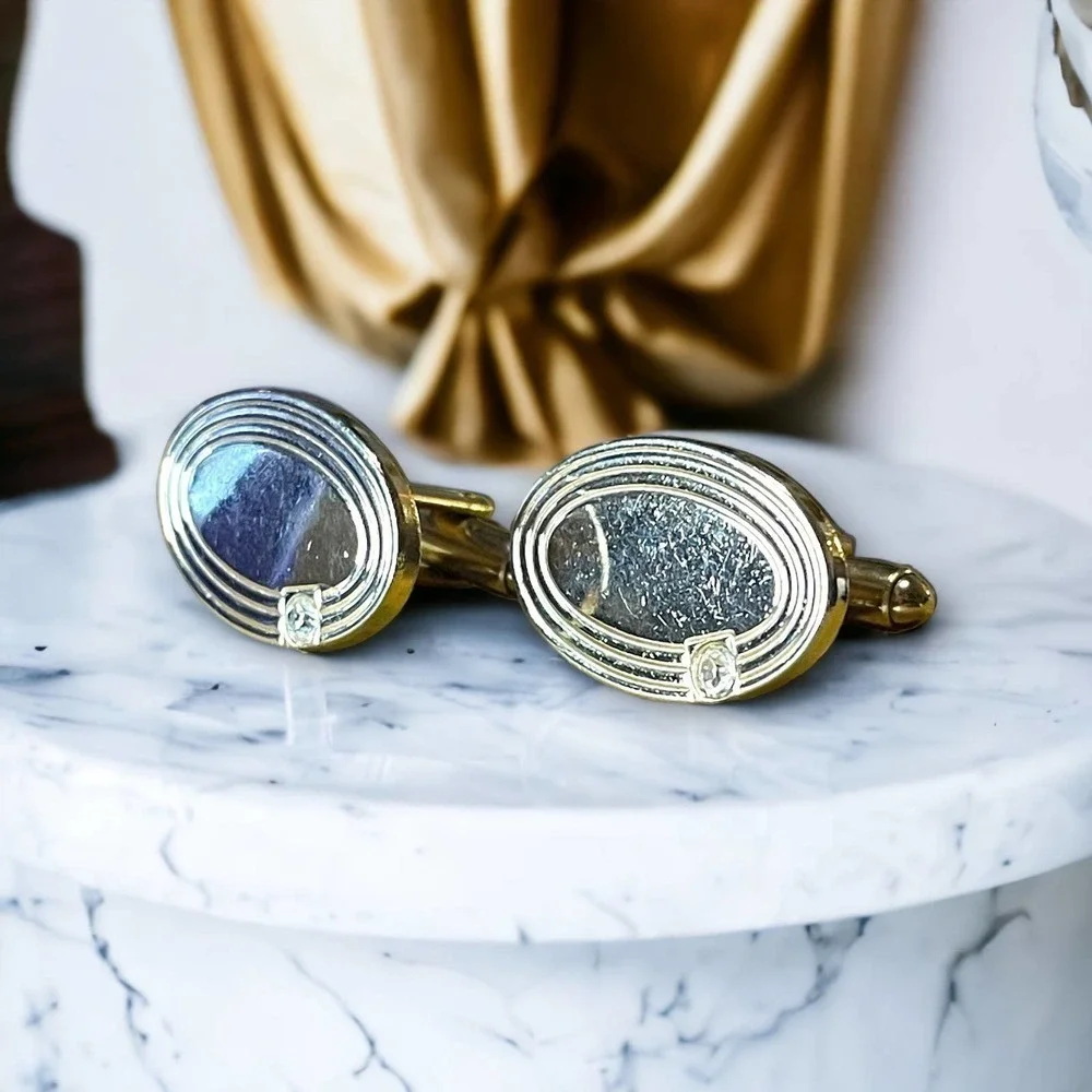 Gold Tone Cufflinks with Glass Stone Unsigned